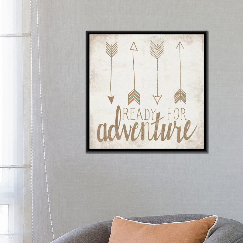 «Ready for Adventure, Beige», art textuel sur toile, H 37 po x l 37 po x P 1,5 po, Pas de tapis, Toile avec cadre noir