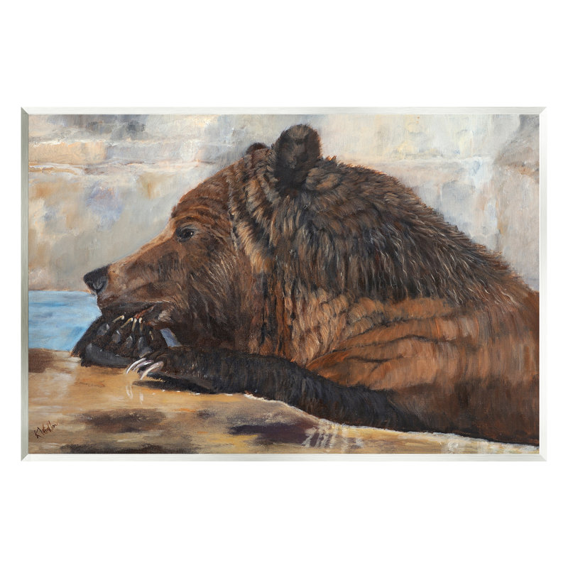 Ours brun, faune d'un lac - peinture, H 13 po x l 19 po x P 0,5 po, Bois