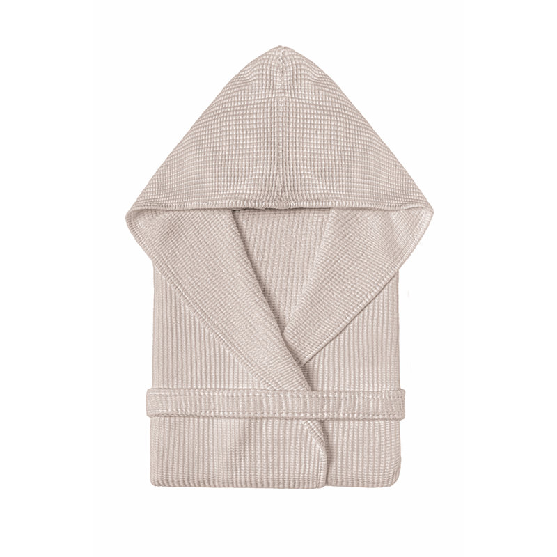 Melody 100% Cotton Waffle Gender Neutral Above Knee Bathrobe with Pockets and Hood, Fog, L