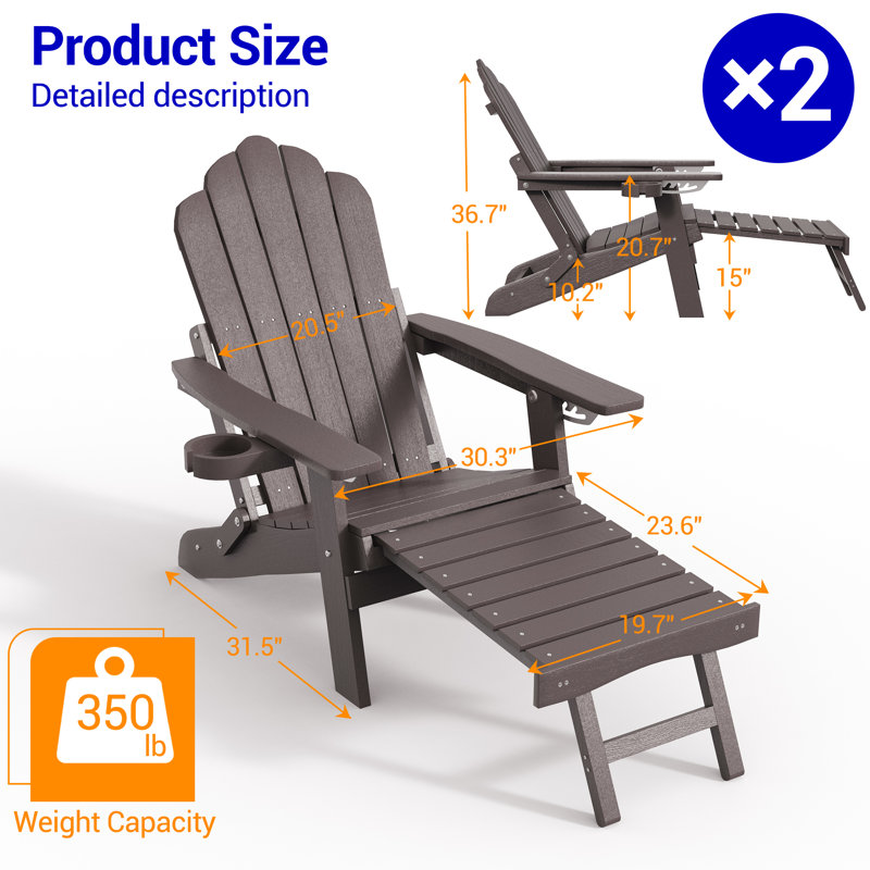 Folding Adirondack Chair with Cup Holders, Fire Pit Chair with Retractable Ottoman,  Multifunctional HIPS Chair for Porch, Patio, Balcony