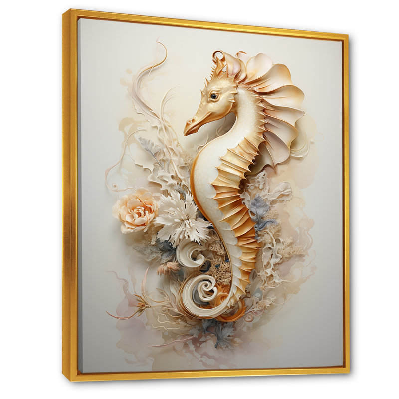 Hippocampe magique beige sur toile, Cadre flottant doré, H 32 po x l 24 po x P 1 po