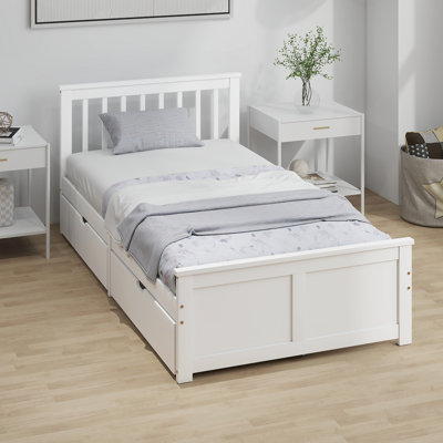 Wood Twin Bed Frame, Pine Platform Bed Frame with Drawers, White