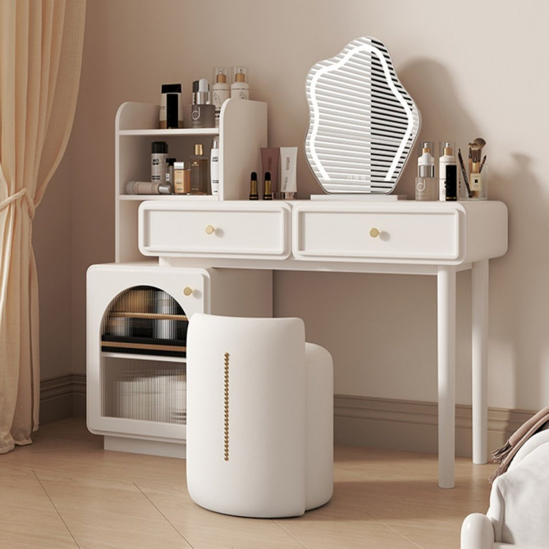 Coiffeuse de maquillage avec miroir lumineux, 2 tiroirs, 1 chaise