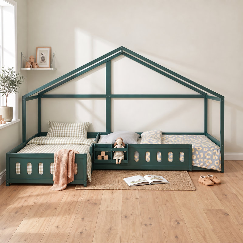 Lit simple en bois en forme de L avec garde-corps de sécurité, base de lit moderne, vert foncé