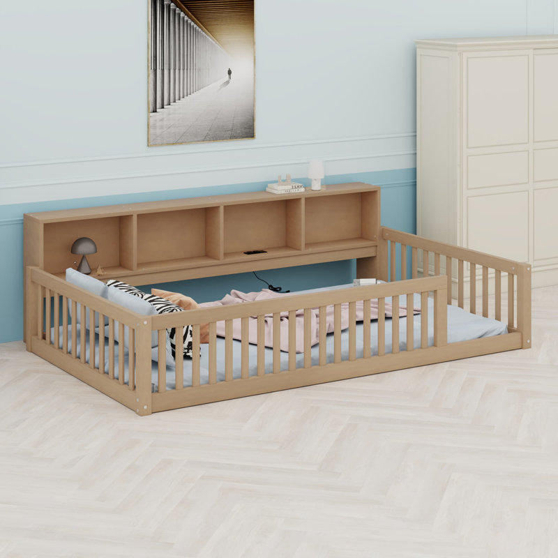 Lit au sol avec armoires de rangement et ports USB, Brun