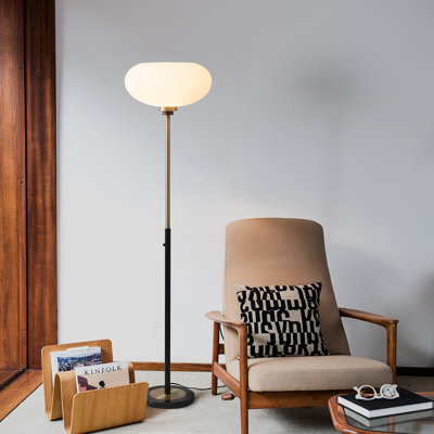 Morelli Torchiere Floor Lamp - Lucite Shade, Weathered Brass, Walnut, Marble Base, Dimmer Switch