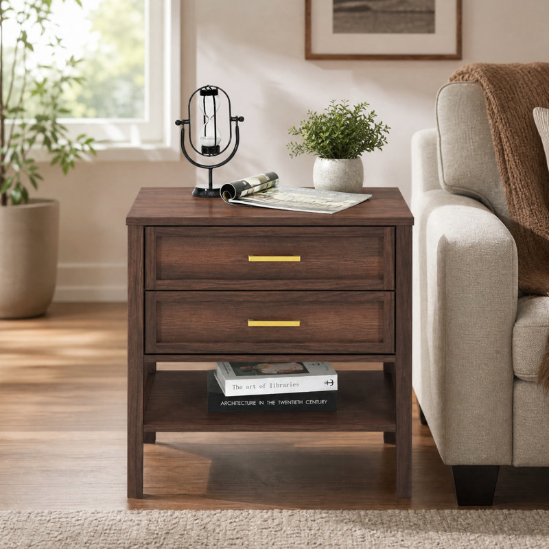  Table de chevet 2 tiroirs Elora, table de chevet avec tiroirs de rangement, table de chevet pour chambre à coucher, table de bout ou table d'appoint pour le salon, P 15,5 po x l 23,6 po x H 24,2 po, noyer