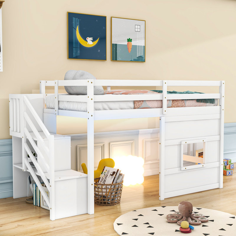 Lit mezzanine simple en bois avec escalier de rangement et fenêtre Jahshawn, Blanc