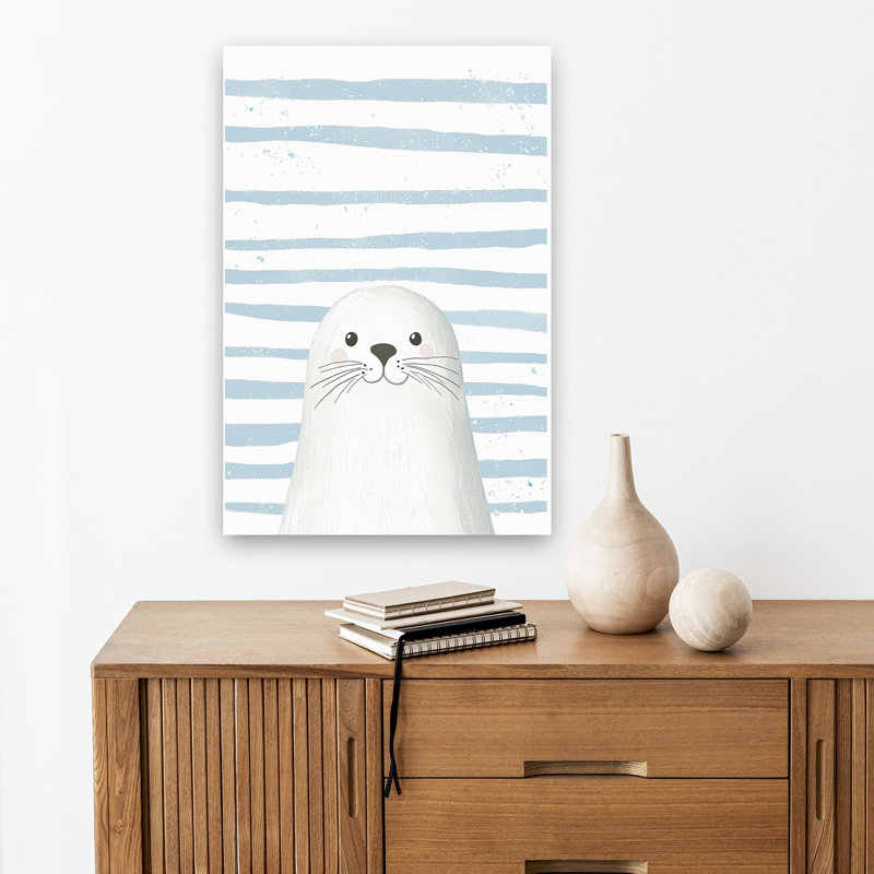 Cute Baby Seal Stripes Minimalist Animal Ocean Wall Art Print 1 Piece Wrapped Canvas Wall Art, 45.72cm H x 30.48cm W