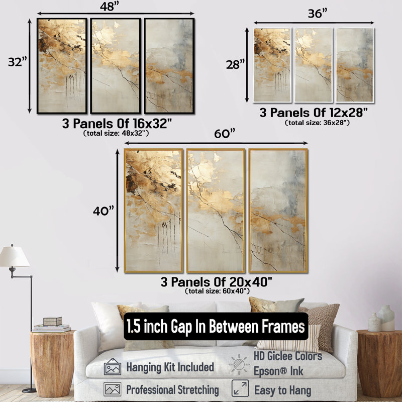 «Beige and Gold Marble Lightning VI», ensemble d'art mural formes abstraites, H 28 po x l 36 po x P 1 po