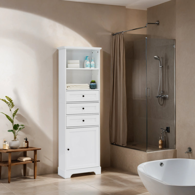 Ensemble de rangement autoportant pour salle de bain en panneau de fibres à densité moyenne Jenell, Blanc