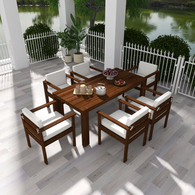All-Weather 7-Piece Patio Set For 6, 72.8 Inch Rectangle Dining Table With Removable Cushions, Outdoor Furniture For Backyard, Garden And Poolside