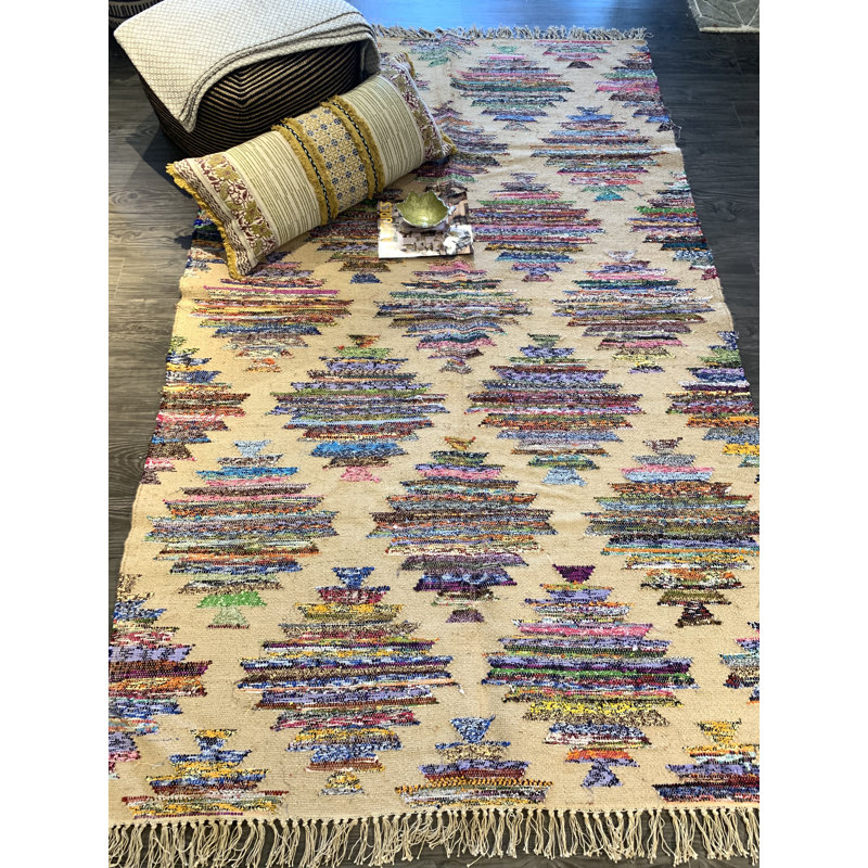 Tapis bleu/beige/rouge d’intérieur criss cross à tissage plat Strayer, Rectangle 5 pi x 8 pi