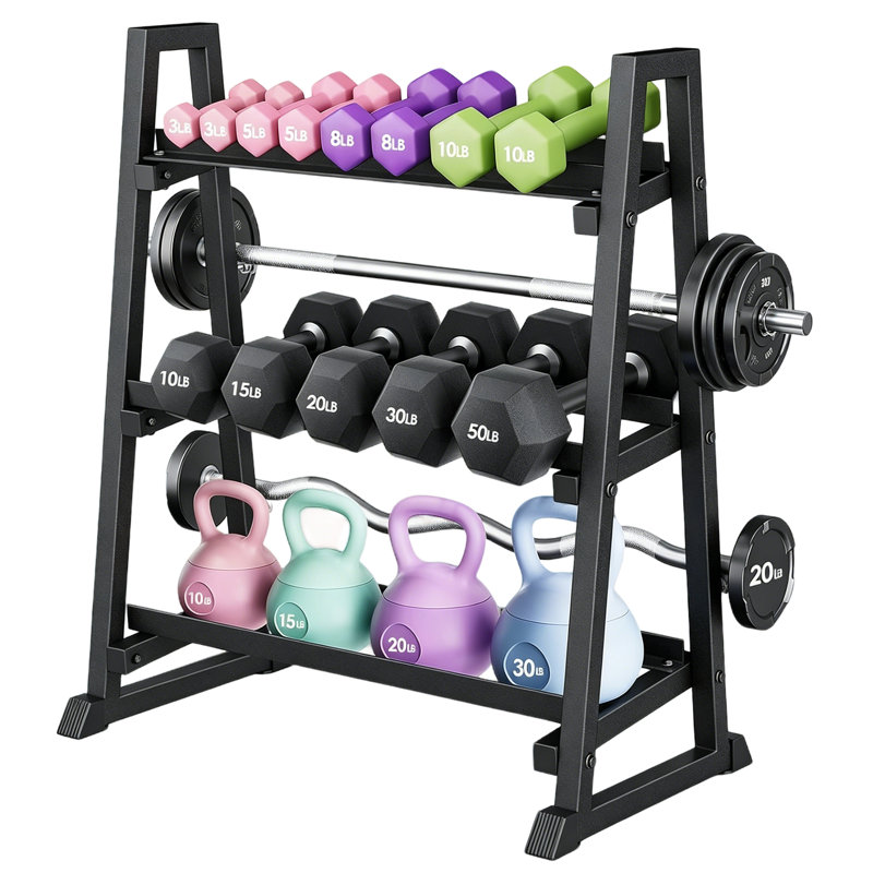 Support à haltères réglable à 3 niveaux avec capacité de 1300 lb, support de gymnastique en T pour haltères, plateaux de poids Kettlebells, noir