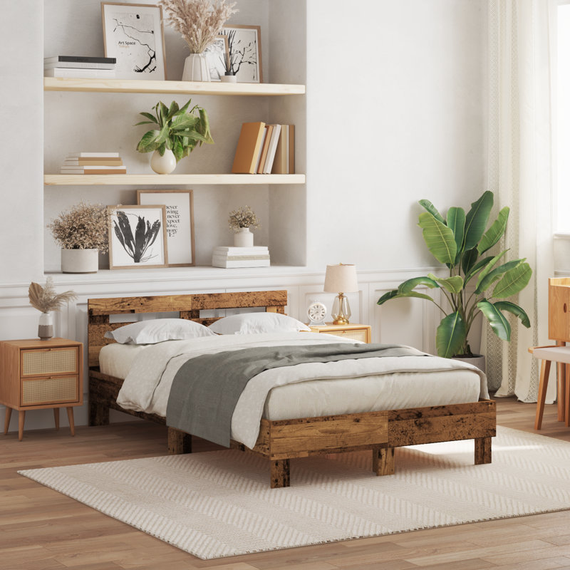 Vidaxl Wood Bed Frame with LED Durable, Old Wood, Small Double (4')