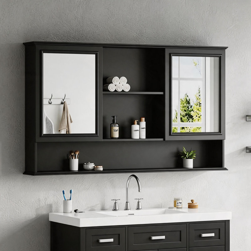 Armoire à pharmacie murale avec portes à double miroir et tablettes réglables, Noir