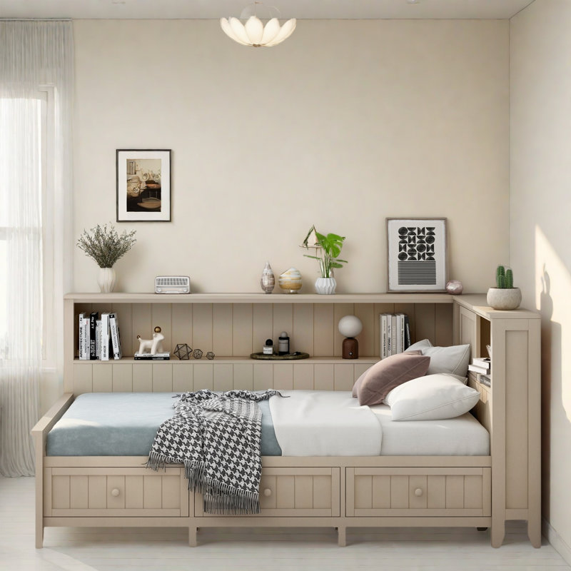 Lit de jour en bois avec tablettes de rangement, portes coulissantes et 3 tiroirs, Lit simple