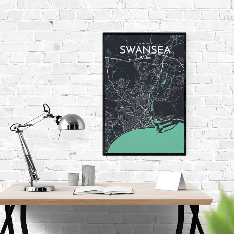 Swansea City Map, impression, H 36 po x l 24 po, Vert/gris