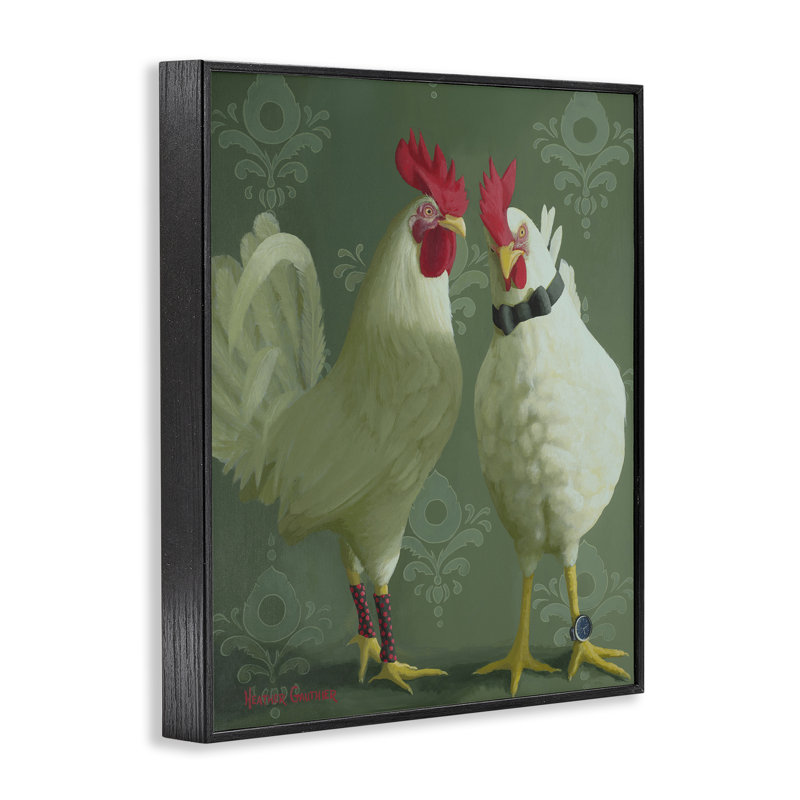 Paire de coqs stylisés, estampe numérique, design par Heather, Giclée encadrée noir minuit, H 14 po x l 11 po