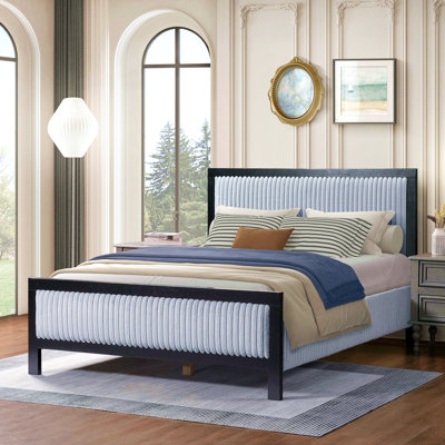 Queen Upholstered Bed With Fluffy Soft Headboard,Grey+Black Frame