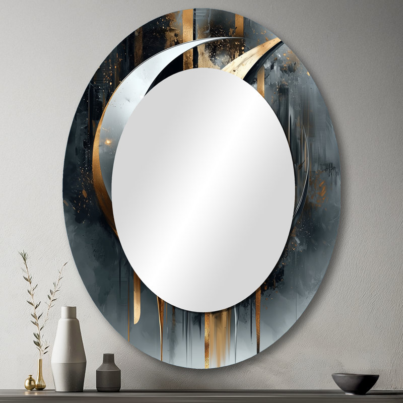 Formes et lignes abstraites noires et dorées III - Grand miroir mural ovale sur métal, 43 po x 33 po