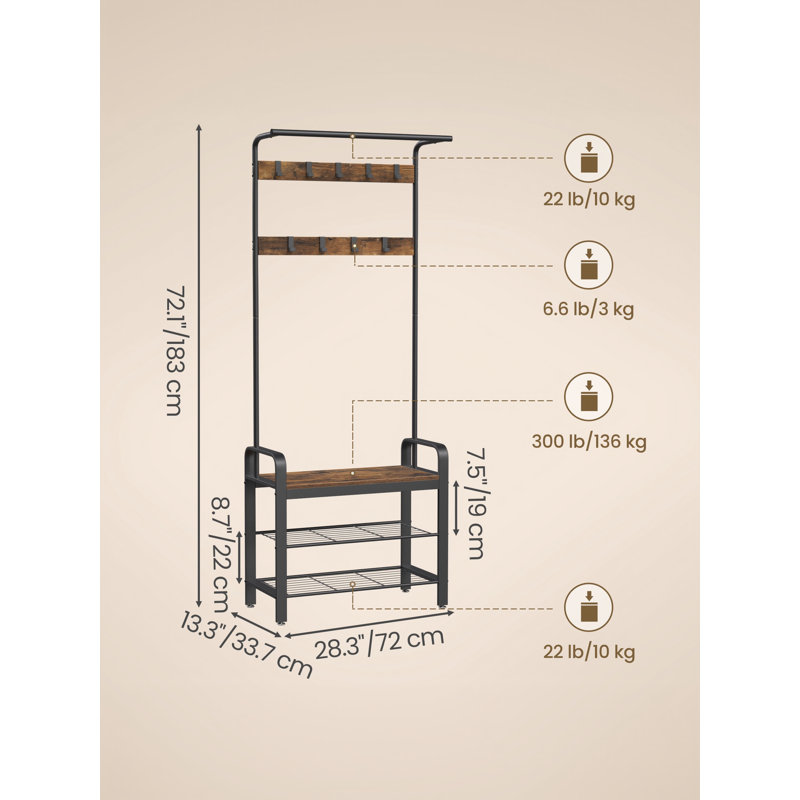 Coat Rack, Coat Stand with Shoe Storage Bench, 4-in-1 Design, with 9 Removable Hooks, a Clothes Rail, 34 x 72 x 183 cm, Industrial, and Black