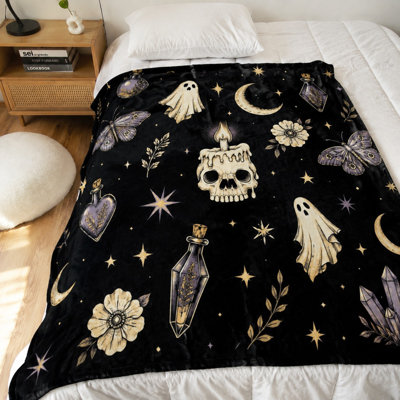 Jeté de sorcière gothique, crâne, bougie, fantôme, papillon, étoiles, lune, cristal, jeté douillet en peluche pour canapé, canapé, chambre à coucher, salon, décoration intérieure