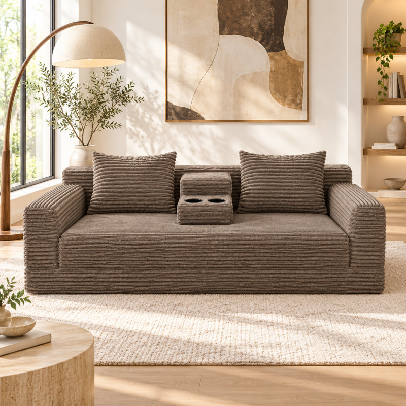 Canapé-lit de plancher convertible en velours côtelé de 72 po de large Orelvansique avec console porte-gobelet amovible et 2 coussins décoratifs