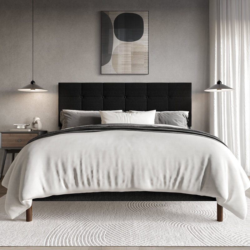Linen Platform Bed , Black, Full