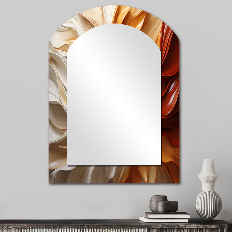 Sunlit spiral - abstrait en forme de spirale abstraite, miroir asymétrique beige, impression sur métal, 34 po x 25 po