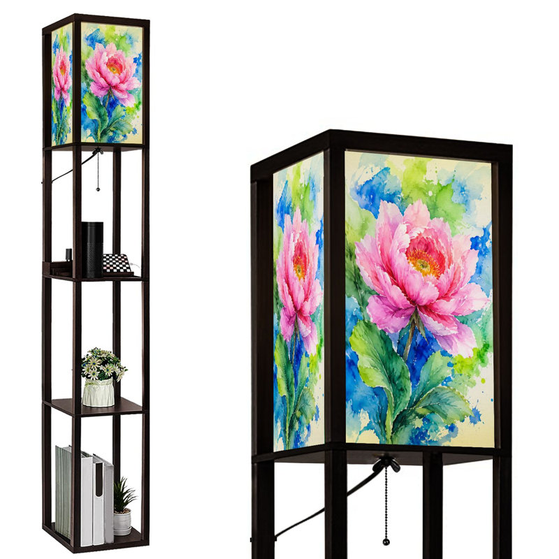 Lampe sur pied à DEL à intensité variable avec fleurs de lotus roses et feuilles vertes, style aquarelle abstraite, lampe sur pied en bois aggloméré avec télécommande, lumière 3 couleurs, pour le salon, la chambre à coucher