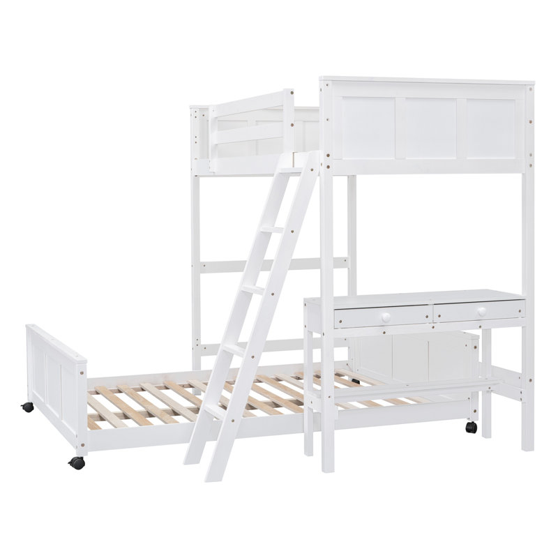Lit superposé (un lit simple en haut, un lit double en bas) avec bureau et tiroirs de rangement, structure en pin massif avec barrières de sécurité, blanc
