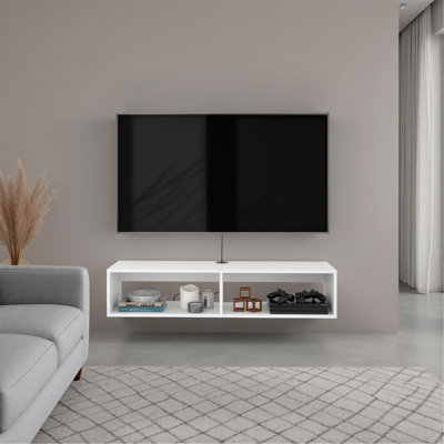 Meuble télé arctique blanc avec tablettes ouvertes pour rangement, design moderne, blanc