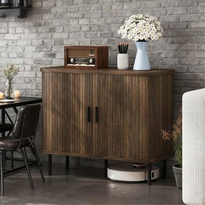 Sideboard Storage Cabinet Buffet With Storage, Nordic Coffee Bar With Slatted Tambour Doors And Metal Legs, Walnut