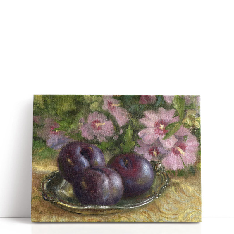 Prunes avec rose de Sharon - reproduction d'art sur toile, H 45 po x l 60 po