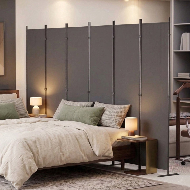 Paravent 6 panneaux d'intimité l 120 po x H 71 po pour espace intérieur, structure métallique robuste et cloison autoportante en tissu de polyester pour la chambre à coucher, le bureau et le salon - noir et gris