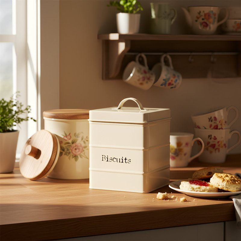 Harbour Housewares - Vintage Metal Kitchen Biscuit Tin, Cream, 19cm H x 14cm W x 14cm D
