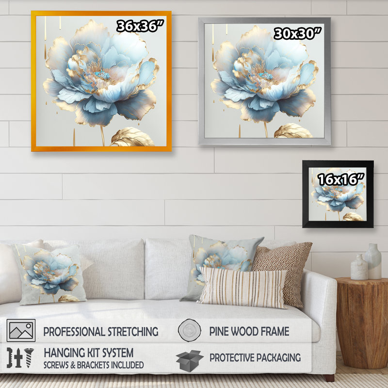 «Chic Blue Blooming Flower II», peinture sur toile, H 36 po x l 36 po x P 1,5 po, Toile avec cadre photo noir
