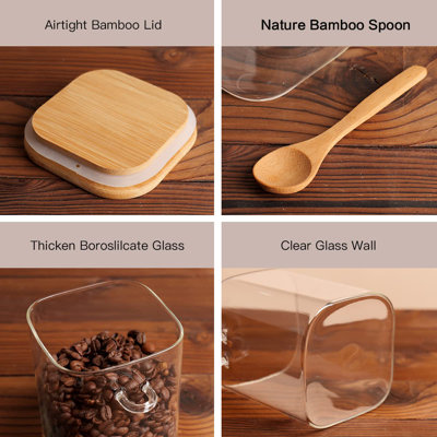 Set Of 4 Square Glass Jar With Bamboo Lids And Spoons – Airtight 27 Oz Borosilicate Glass Food Storage Contaienrs With 132 Kitchen Pantry Labels