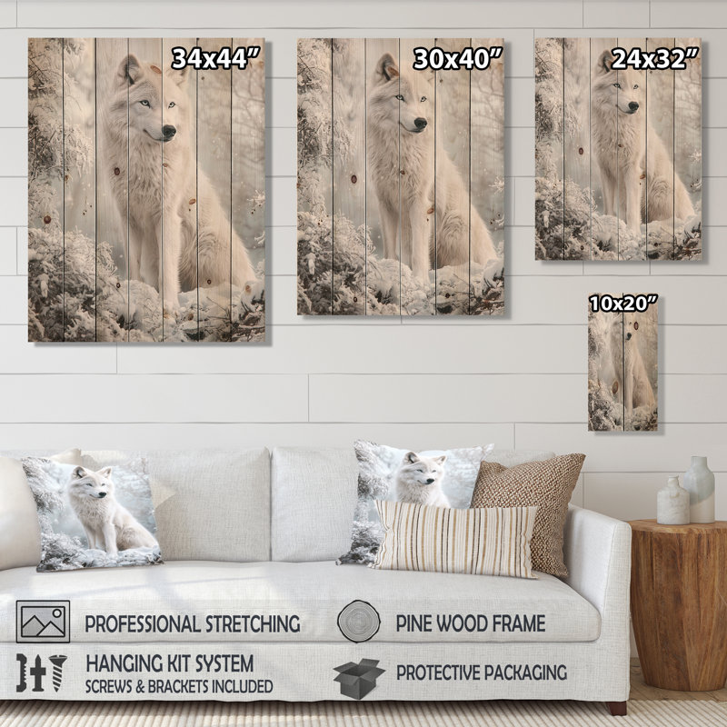 Photographie de loup d'hiver I - Impression sur bois blanc moderne sur bois de pin naturel, H 40 po x l 30 po