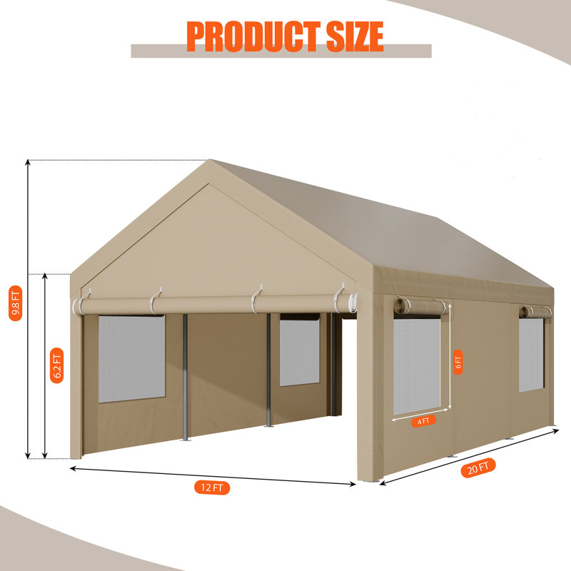12 Ft. W x 20 Ft. D Heavy Duty Carport Portable Garage, Khaki