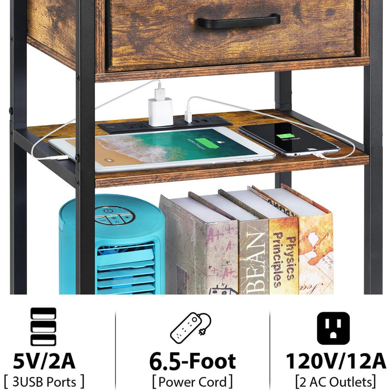 Aaditya End Table with Storage and Built-In Outlets, Brown