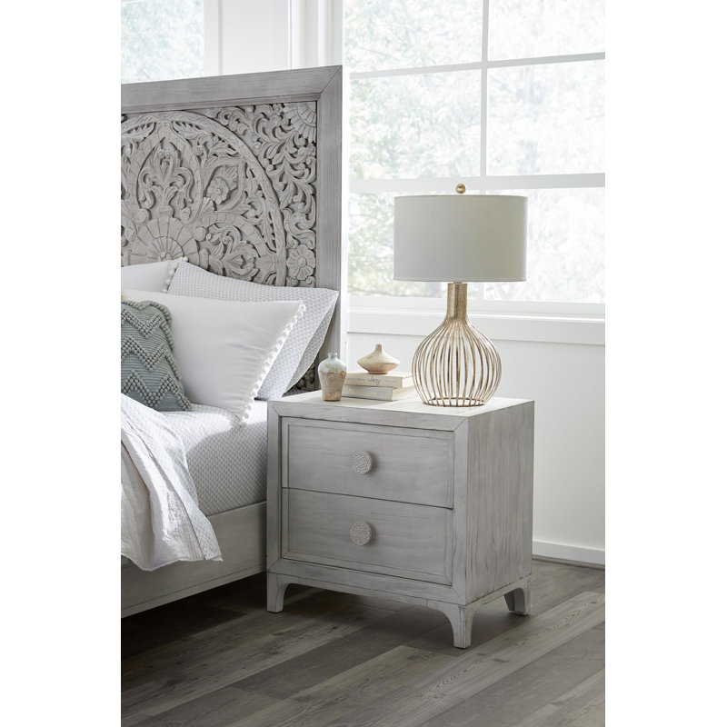 Boho Chic Washed White Pine 2-Drawer Nightstand