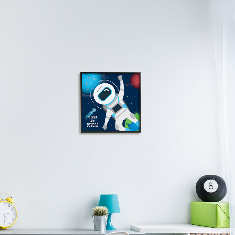 To Space and Beyond, comète bleue, astronaute, vague - impression, Cadre noir, H 17 po x l 17 po x P 1,5 po