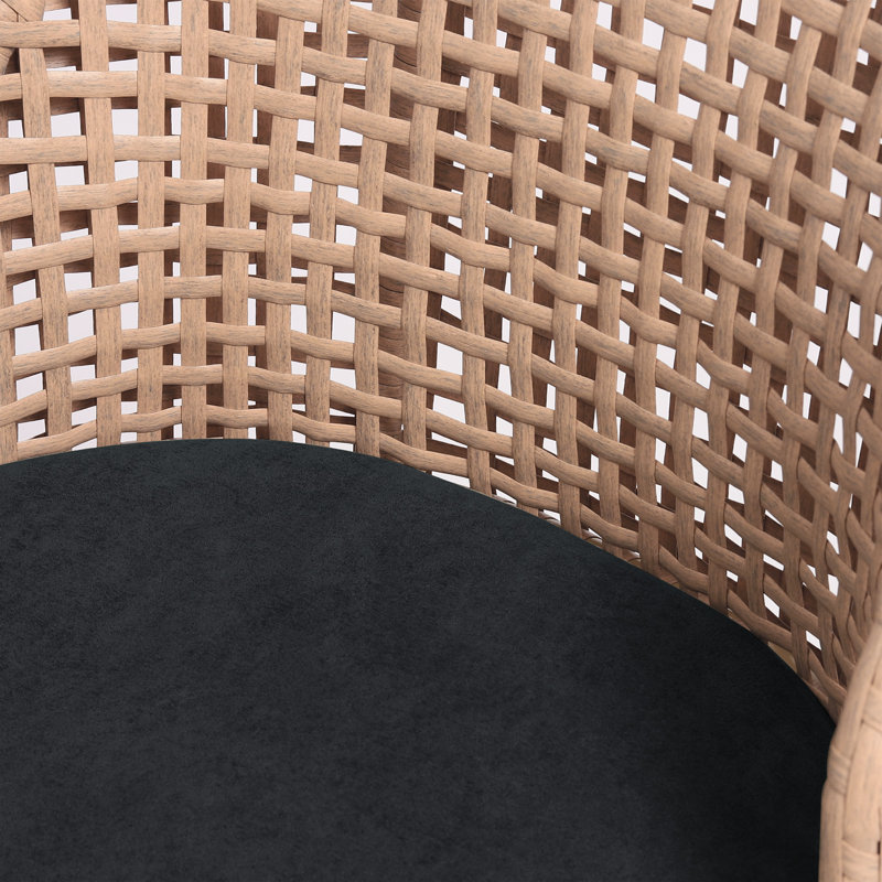 Upholstered Black Rattan Full Back Counter Swivel Bar Stool, Black