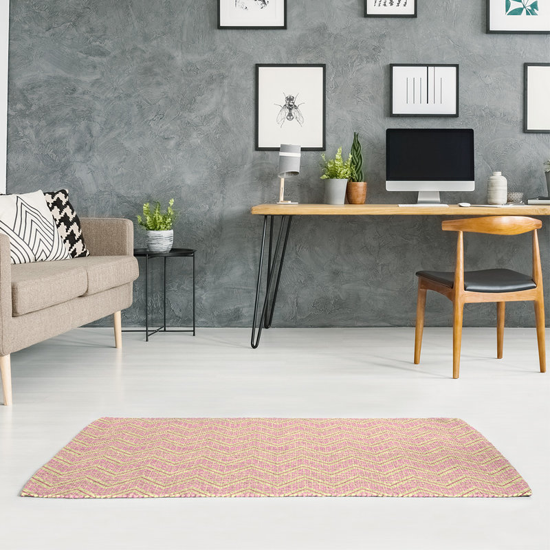 Tapis à chevrons rose/brun/ivoire à la main, Rectangle 5 pi x 7 pi