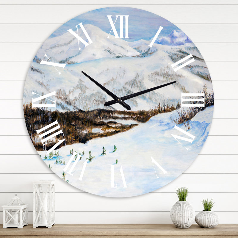 Paysage d'hiver avec montagnes enneigées - Horloge murale traditionnelle, Grand