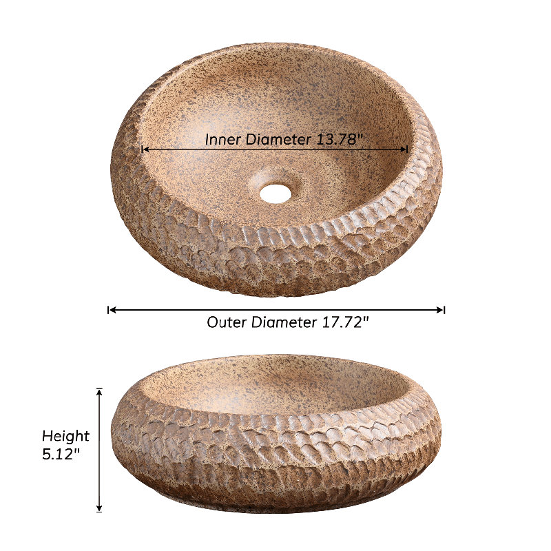 17.7" Round Ceramic Vessel Sink with Antique Carved Pop-up Drain, Reddish Brown