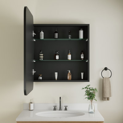 Armoire à pharmacie moderne à bords arrondis noirs l 24 po x H 30 po avec miroir incassable, cadre en métal durable et tablettes réglables en verre trempé pour le rangement de maquillage, de rasage ou de meuble-lavabo