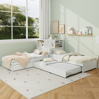 Structure de lit simple en forme de L avec lit gigogne, tiroir et bureau intégré, avec éclairage à DEL pour une utilisation compacte et peu encombrante dans les petites pièces